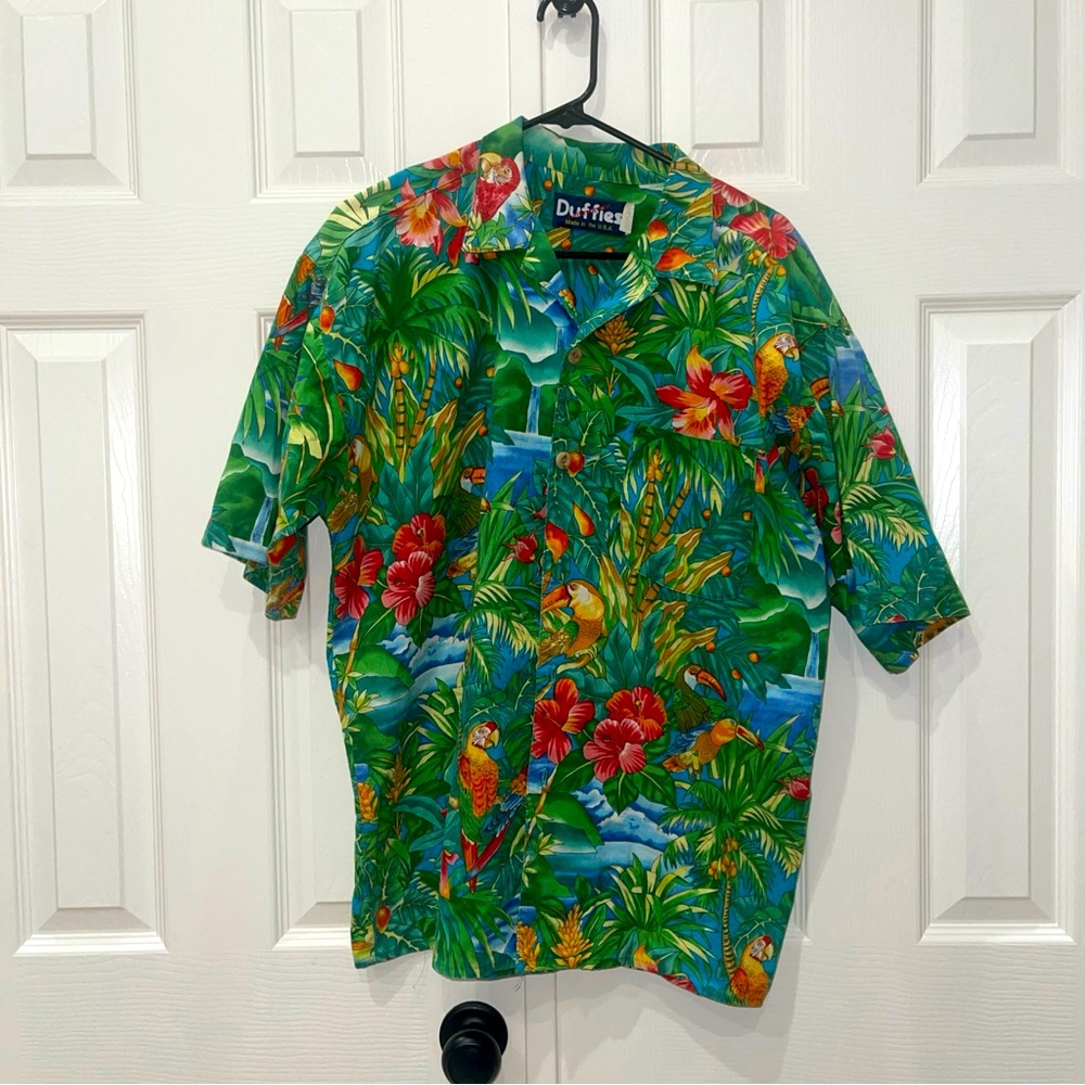 DUFFIES by C P DUFFY Fish Hawaiian  Cotton Short Sleeve Shirt Size Large